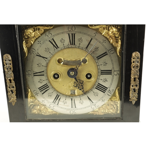 1187 - THOMAS MARTIN. LONDON. A WILLIAM AND MARY EBONY VENEERED QUARTER REPEATING BRACKET CLOCK, the caddy ... 