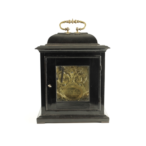 1187 - THOMAS MARTIN. LONDON. A WILLIAM AND MARY EBONY VENEERED QUARTER REPEATING BRACKET CLOCK, the caddy ... 