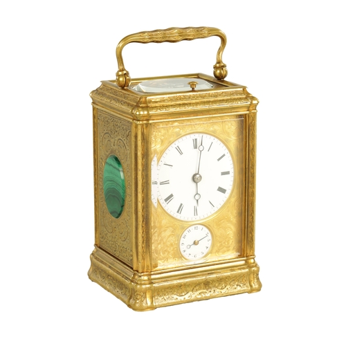 1189 - A LATE 19TH CENTURY FRENCH ENGRAVED GORGE CASED REPEATING CARRIAGE CLOCK the gilt brass foliate engr... 