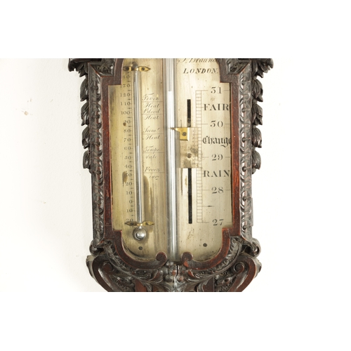 1194 - J. BRAUND, LONDON. A FINE AND RARE GEORGE III CARVED WALNUT STICK BAROMETER, the carved pediment dec... 