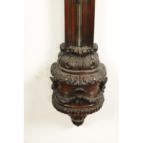 1194 - J. BRAUND, LONDON. A FINE AND RARE GEORGE III CARVED WALNUT STICK BAROMETER, the carved pediment dec... 