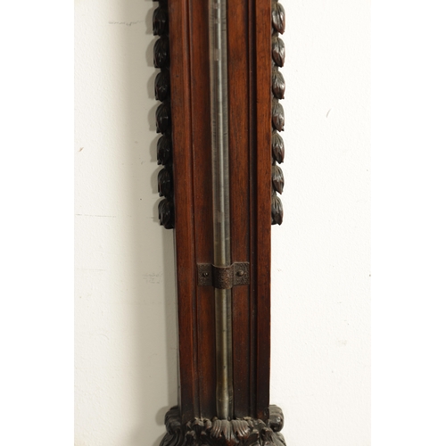 1194 - J. BRAUND, LONDON. A FINE AND RARE GEORGE III CARVED WALNUT STICK BAROMETER, the carved pediment dec... 