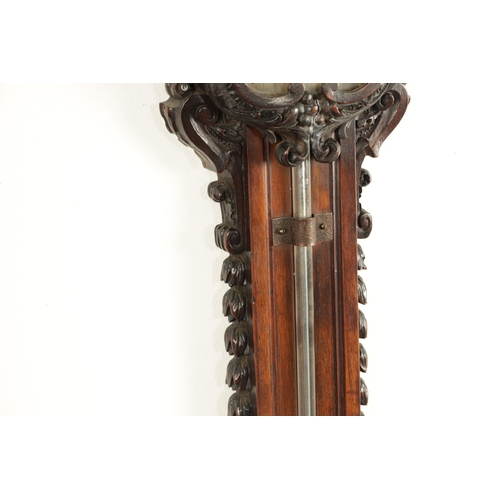 1194 - J. BRAUND, LONDON. A FINE AND RARE GEORGE III CARVED WALNUT STICK BAROMETER, the carved pediment dec... 