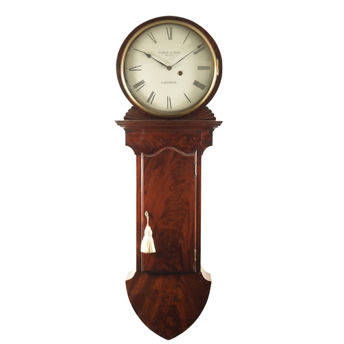 1198 - YONGE & SON, STRAND, LONDON. A GEORGE III FIGURED MAHOGANY TAVERN CLOCK, the shaped case with hinged... 