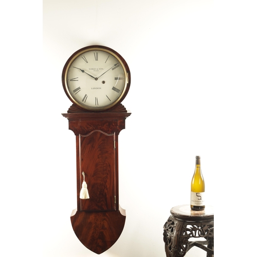 1198 - YONGE & SON, STRAND, LONDON. A GEORGE III FIGURED MAHOGANY TAVERN CLOCK, the shaped case with hinged... 