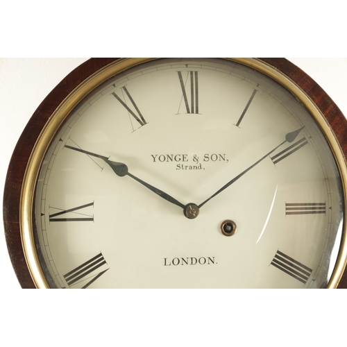 1198 - YONGE & SON, STRAND, LONDON. A GEORGE III FIGURED MAHOGANY TAVERN CLOCK, the shaped case with hinged... 