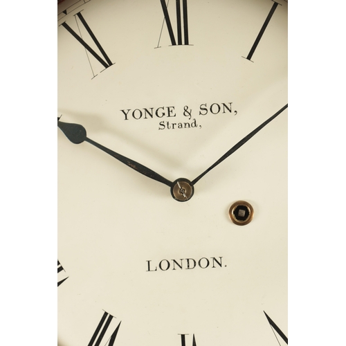 1198 - YONGE & SON, STRAND, LONDON. A GEORGE III FIGURED MAHOGANY TAVERN CLOCK, the shaped case with hinged... 