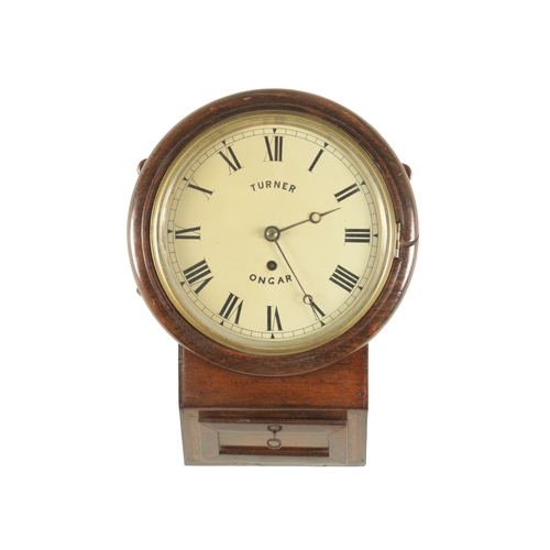 1200 - TURNER, ONGAR. A 19TH CENTURY WALNUT CASED 8” FUSEE DROP DIAL WALL CLOCK with chisel bottom case and... 