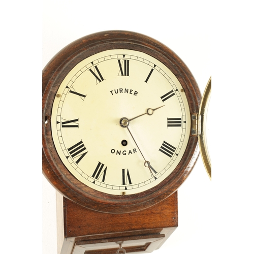 1200 - TURNER, ONGAR. A 19TH CENTURY WALNUT CASED 8” FUSEE DROP DIAL WALL CLOCK with chisel bottom case and... 