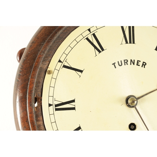 1200 - TURNER, ONGAR. A 19TH CENTURY WALNUT CASED 8” FUSEE DROP DIAL WALL CLOCK with chisel bottom case and... 