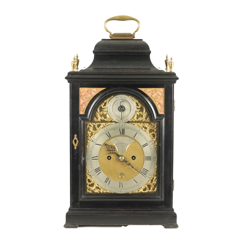 1202 - SAMUEL SWAIN, LONDON. A GEORGE III EBONISED DOUBLE FUSEE BRACKET CLOCK the bell top pediment above a... 