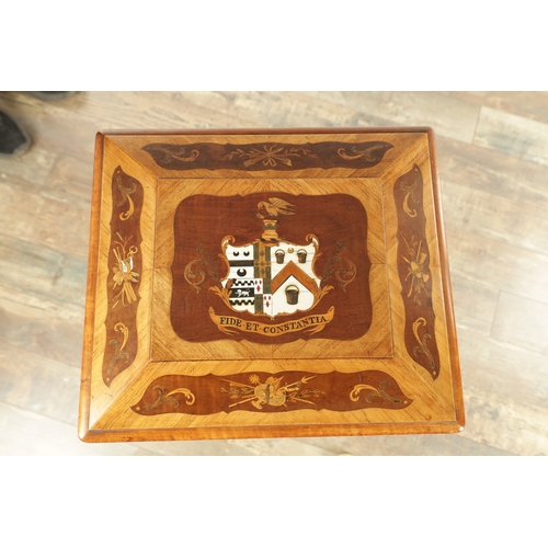 1210 - A FINE MID 19TH CENTURY MARQUETRY PANELLED KINGWOOD TEAPOY the cushion moulded lid with central ivor... 