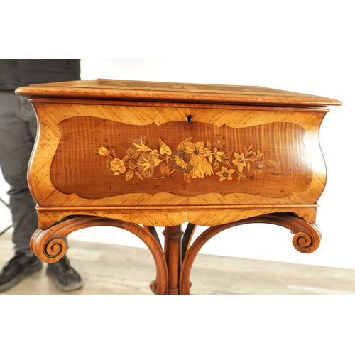 1210 - A FINE MID 19TH CENTURY MARQUETRY PANELLED KINGWOOD TEAPOY the cushion moulded lid with central ivor... 