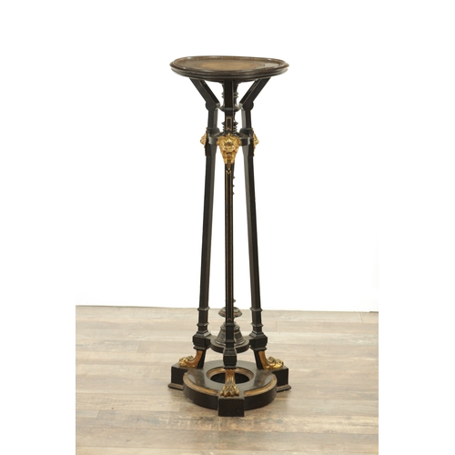 1212 - A GOOD LATE 19TH CENTURY EBONISED AND ORMOLU MOUNTED JARDINIERE TABLE of tapered form with lion paw ... 