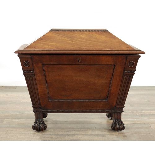 1213 - A LATE REGENCY MAHOGANY SARCOPHAGUS CELLARETTE with lead-lined divided interior, gadrooned panelled ... 