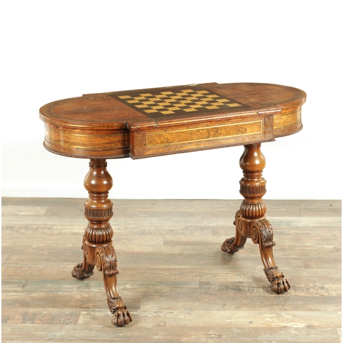 1215 - A FINE REGENCY FIGURED ROSEWOOD AND BRASS INLAID GAMES TABLE IN THE MANNER OF GILLOWS having pierced... 