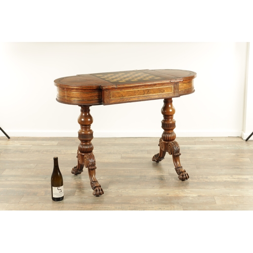 1215 - A FINE REGENCY FIGURED ROSEWOOD AND BRASS INLAID GAMES TABLE IN THE MANNER OF GILLOWS having pierced... 