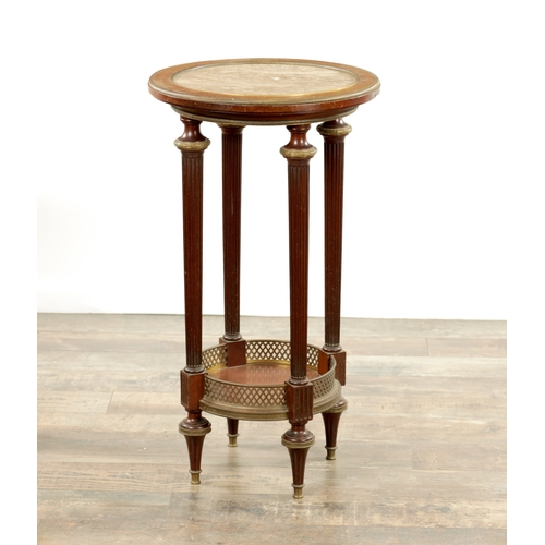 1216 - A 19TH CENTURY MAHOGANY AND BRASS MOUNTED FRENCH LAMP TABLE inset with marble top and gallery edged ... 