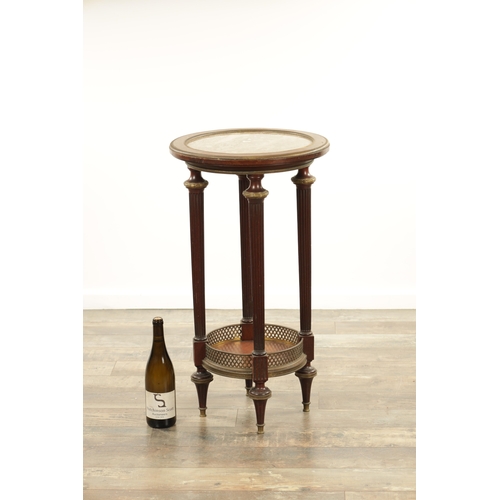 1216 - A 19TH CENTURY MAHOGANY AND BRASS MOUNTED FRENCH LAMP TABLE inset with marble top and gallery edged ... 