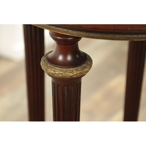 1216 - A 19TH CENTURY MAHOGANY AND BRASS MOUNTED FRENCH LAMP TABLE inset with marble top and gallery edged ... 