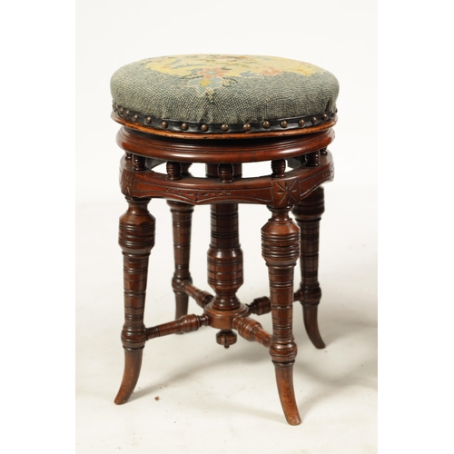 1217 - TWO 19TH CENTURY CIRCULAR WALNUT REVOLVING PIANO STOOLS on turned splayed legs joined by under stret... 