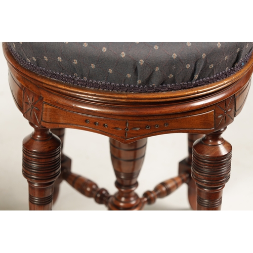 1217 - TWO 19TH CENTURY CIRCULAR WALNUT REVOLVING PIANO STOOLS on turned splayed legs joined by under stret... 