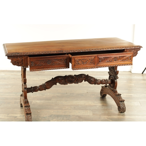 1218 - A 19TH CENTURY ANGLO INDIAN CARVED HARDWOOD LIBRARY TABLE with gadrooned leaf carved edge above frie... 