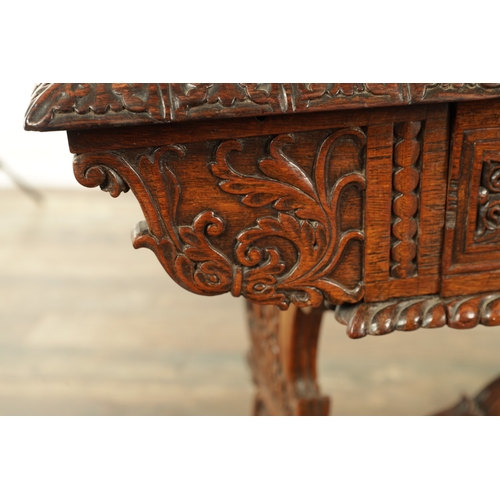 1218 - A 19TH CENTURY ANGLO INDIAN CARVED HARDWOOD LIBRARY TABLE with gadrooned leaf carved edge above frie... 