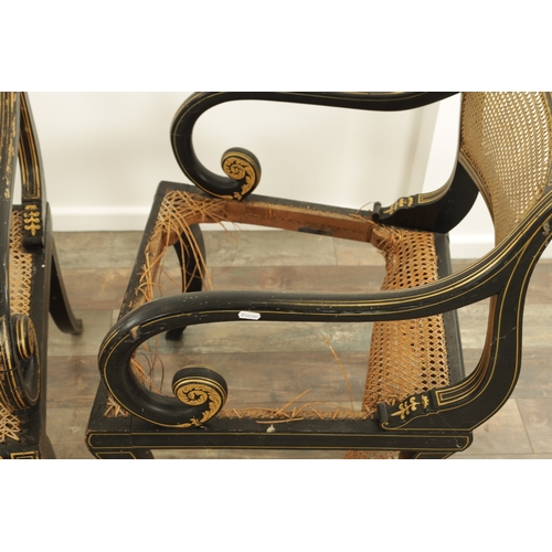 1219 - A RARE SET OF THREE REGENCY PAINTED BERGERE LIBRARY CHAIRS BY JOHN GEE painted in ebony and gilt wit... 