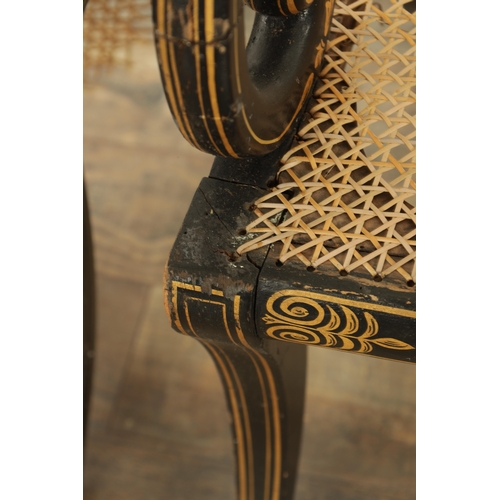 1219 - A RARE SET OF THREE REGENCY PAINTED BERGERE LIBRARY CHAIRS BY JOHN GEE painted in ebony and gilt wit... 