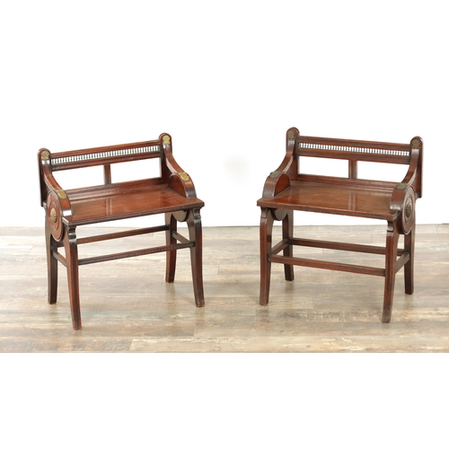 1220 - A PAIR OF 19TH CENTURY MAHOGANY STOOLS IN THE MANNER OF JAMES SHOOLBRED & CO of aesthetic design wit... 