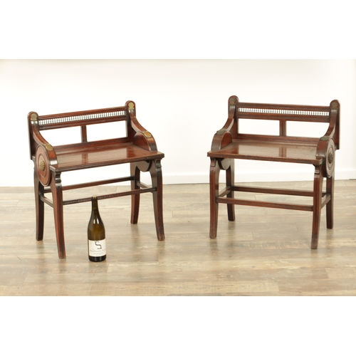 1220 - A PAIR OF 19TH CENTURY MAHOGANY STOOLS IN THE MANNER OF JAMES SHOOLBRED & CO of aesthetic design wit... 