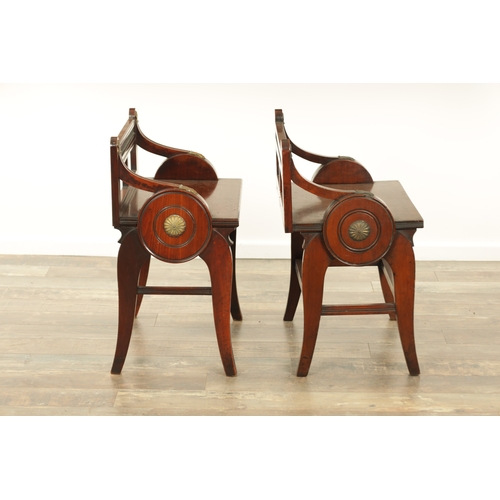 1220 - A PAIR OF 19TH CENTURY MAHOGANY STOOLS IN THE MANNER OF JAMES SHOOLBRED & CO of aesthetic design wit... 