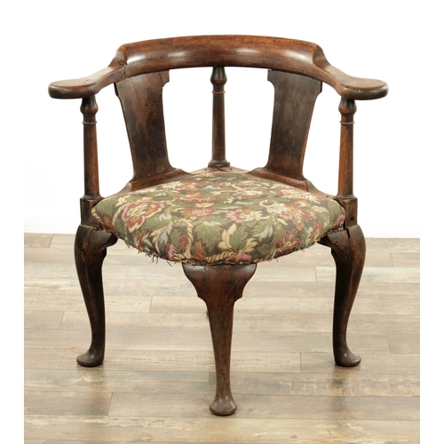 1221 - AN EARLY 18TH CENTURY WALNUT CORNER CHAIR with shaped back and tapering back splats, above a tapestr... 