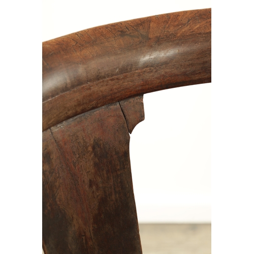 1221 - AN EARLY 18TH CENTURY WALNUT CORNER CHAIR with shaped back and tapering back splats, above a tapestr... 