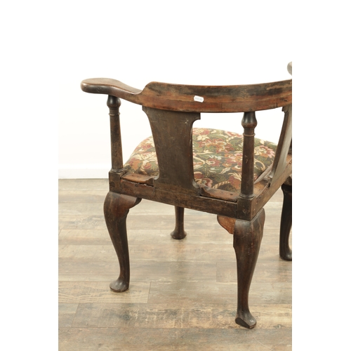 1221 - AN EARLY 18TH CENTURY WALNUT CORNER CHAIR with shaped back and tapering back splats, above a tapestr... 