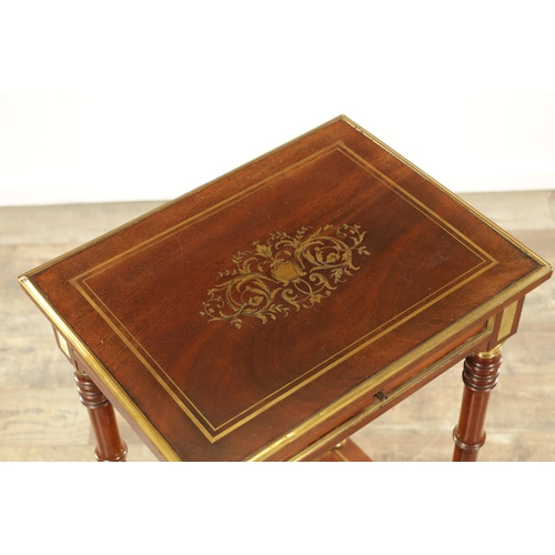 1225 - A 19TH CENTURY BRASS INLAID MAHOGANY FRENCH LAMP TABLE with ring-turned supports and frieze drawer j... 