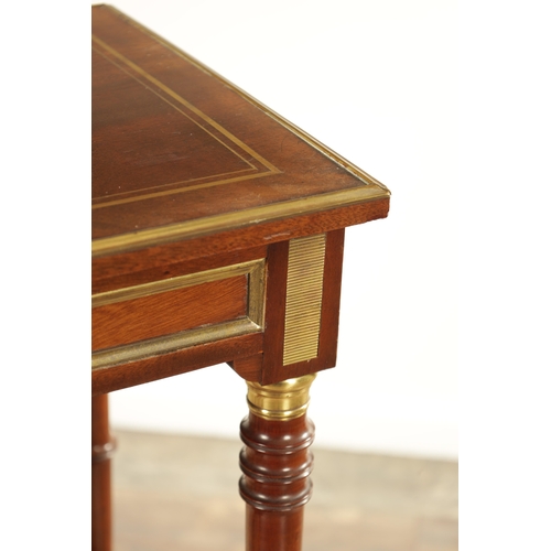 1225 - A 19TH CENTURY BRASS INLAID MAHOGANY FRENCH LAMP TABLE with ring-turned supports and frieze drawer j... 