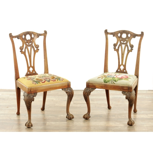 1226 - A GOOD PAIR OF GEORGE III MAHOGANY CHIPPENDALE DESIGN SIDE CHAIRS with leaf carved pierced backs and... 