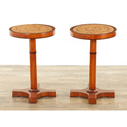 1230 - A PAIR OF REGENCY SATINWOOD AND ROSEWOOD OCCASIONAL TABLES WITH INSET SCAGLIOLA MARBLE TOPS each top... 