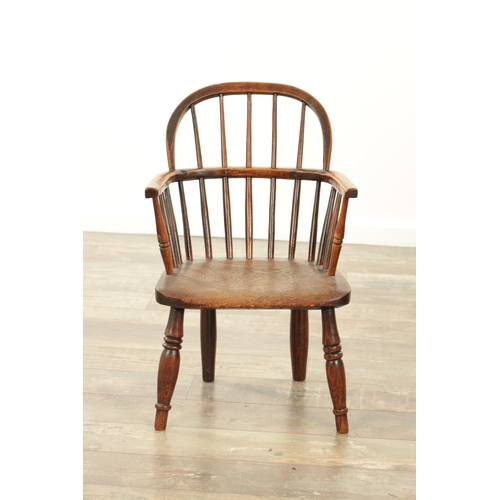 1233 - A 19TH CENTURY CHILD'S STICK-BACK WINDSOR CHAIR having an elm seat and ring-turned legs. (57cm high,... 