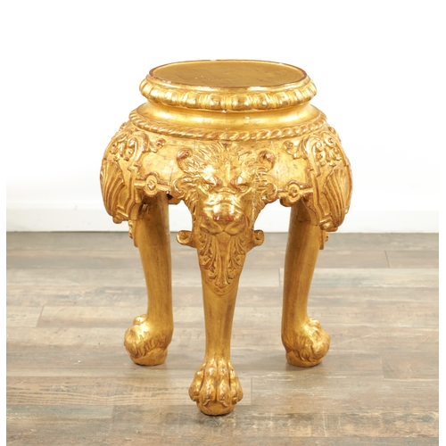 1234 - AN 18TH CENTURY CARVED GILTWOOD JARDINIERE STAND with lion head and shell carved frieze raised on pa... 