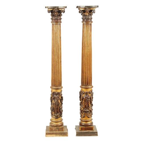 1238 - A PAIR OF 19TH CENTURY OAK AND GILT HIGH-LIGHTED CARVED CORINTHIAN COLUMNS the lower bodies with con... 