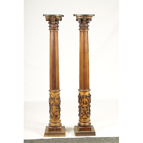 1238 - A PAIR OF 19TH CENTURY OAK AND GILT HIGH-LIGHTED CARVED CORINTHIAN COLUMNS the lower bodies with con... 