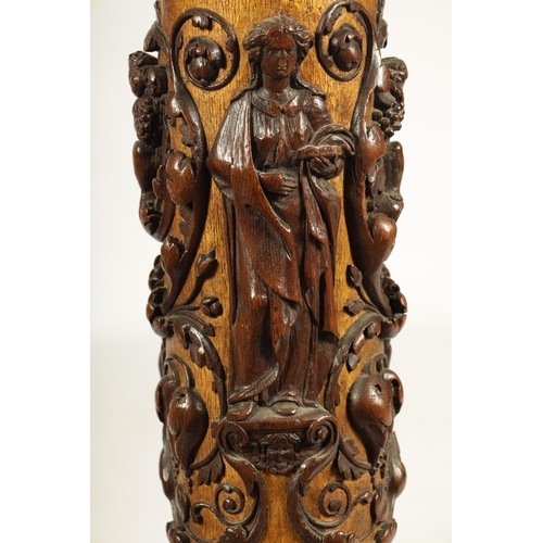 1238 - A PAIR OF 19TH CENTURY OAK AND GILT HIGH-LIGHTED CARVED CORINTHIAN COLUMNS the lower bodies with con... 