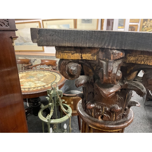 1238 - A PAIR OF 19TH CENTURY OAK AND GILT HIGH-LIGHTED CARVED CORINTHIAN COLUMNS the lower bodies with con... 