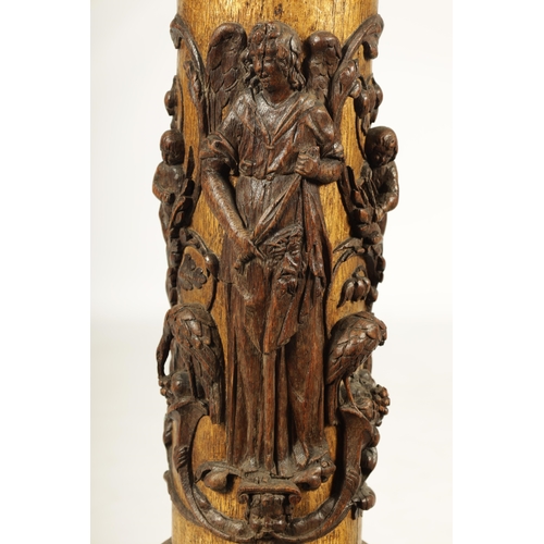 1238 - A PAIR OF 19TH CENTURY OAK AND GILT HIGH-LIGHTED CARVED CORINTHIAN COLUMNS the lower bodies with con... 