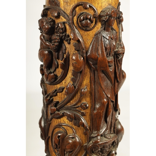 1238 - A PAIR OF 19TH CENTURY OAK AND GILT HIGH-LIGHTED CARVED CORINTHIAN COLUMNS the lower bodies with con... 