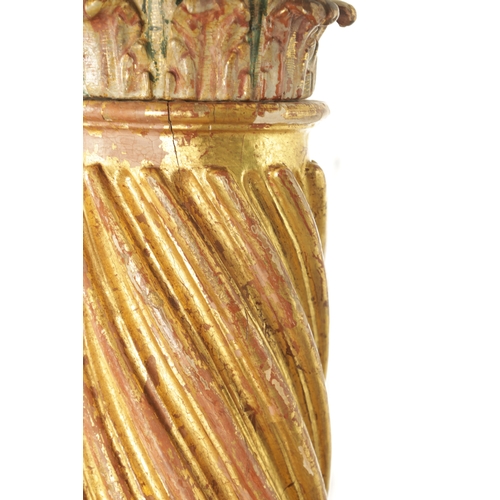 1241 - A PAIR OF EARLY 19TH CENTURY OAK POLYCHROME AND GILT HIGH-LIGHTED CARVED CORINTHIAN COLUMNS with bar... 