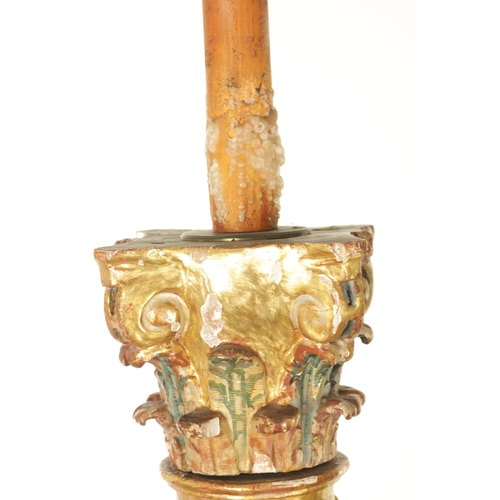 1241 - A PAIR OF EARLY 19TH CENTURY OAK POLYCHROME AND GILT HIGH-LIGHTED CARVED CORINTHIAN COLUMNS with bar... 